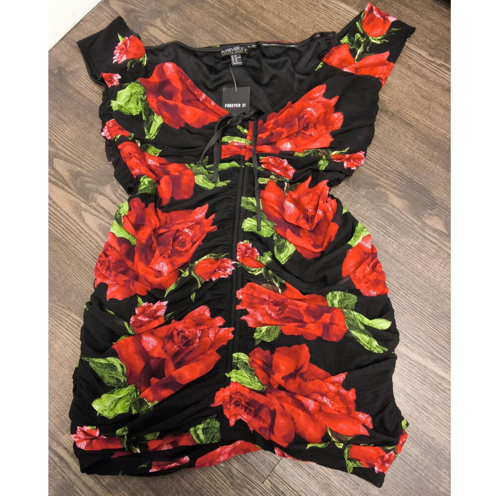 Plus Size 3X Ruched Rose Print Black Mesh Dress Forever 21+ Adjustable Sexy